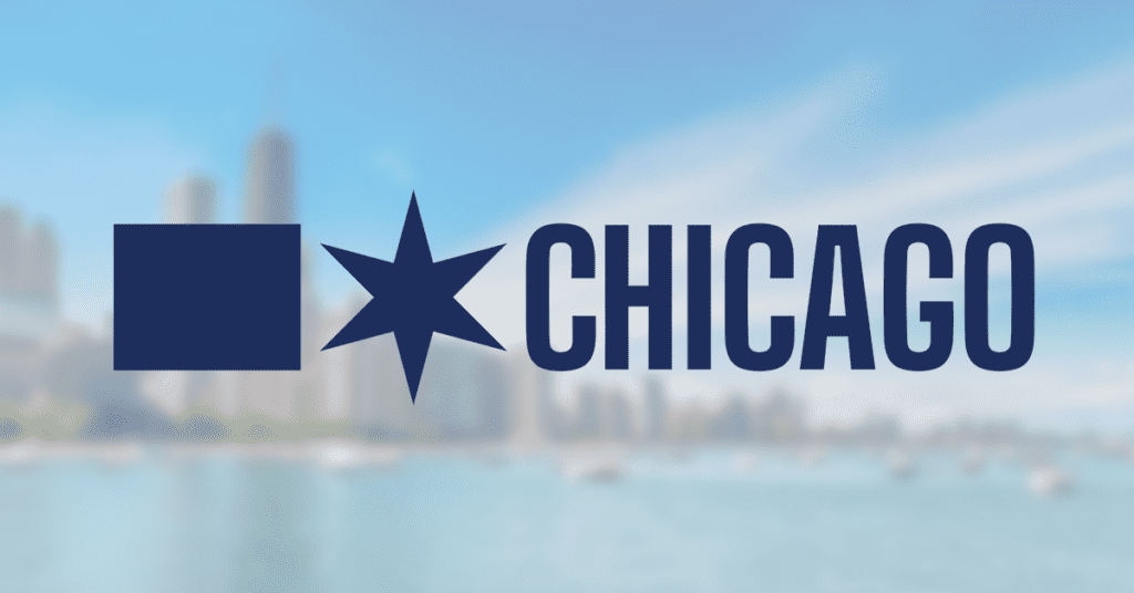 chicago logo in front of image of city