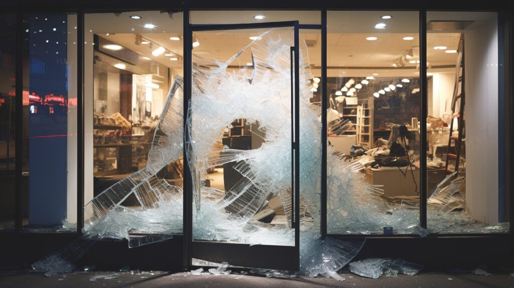 Shattered retail store window